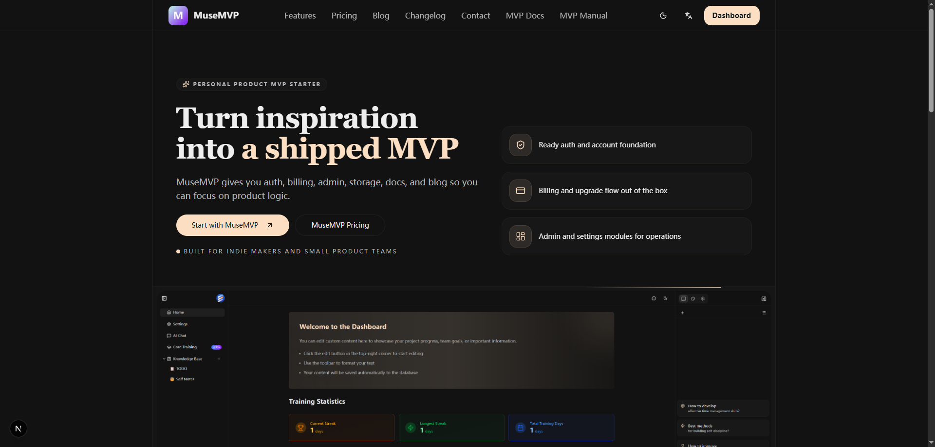 MuseMVP product dashboard preview